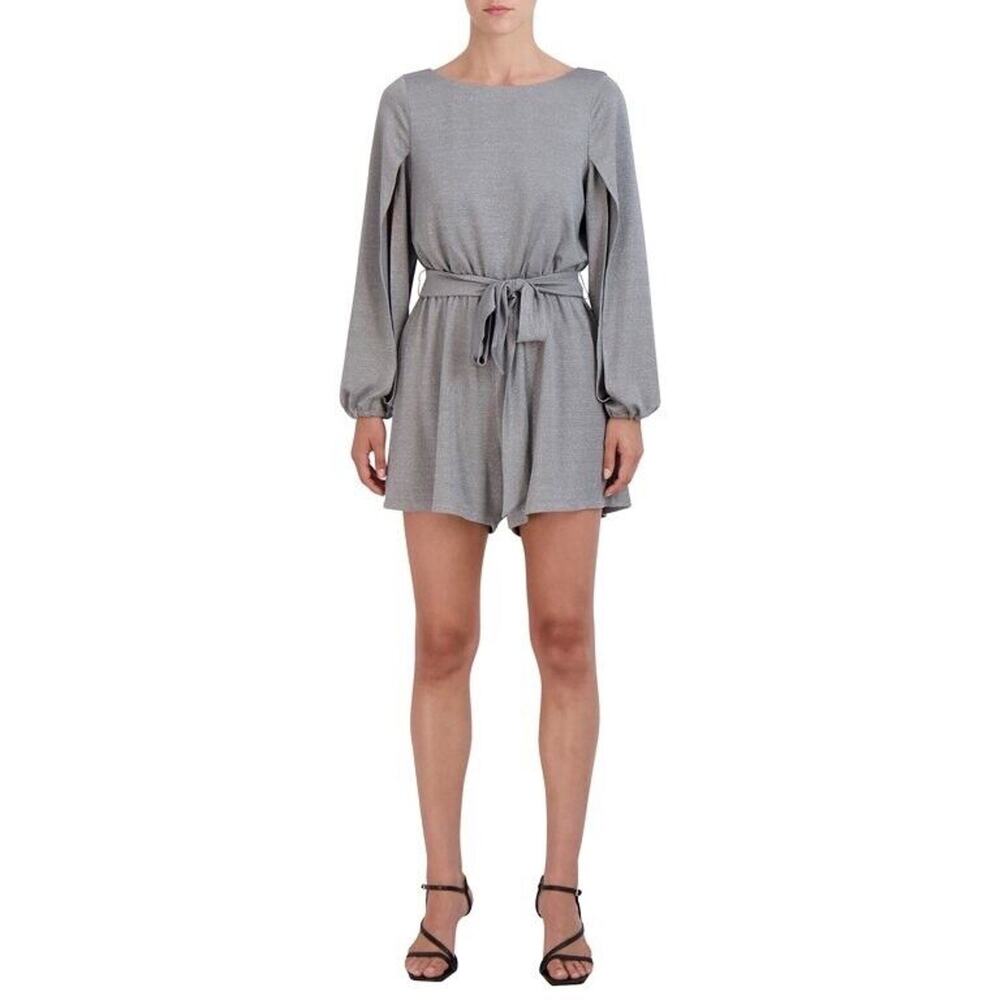 BCBG Paris Womens Romper Size XL Silver Metallic Belted Long Sleeves Sparkle Tie